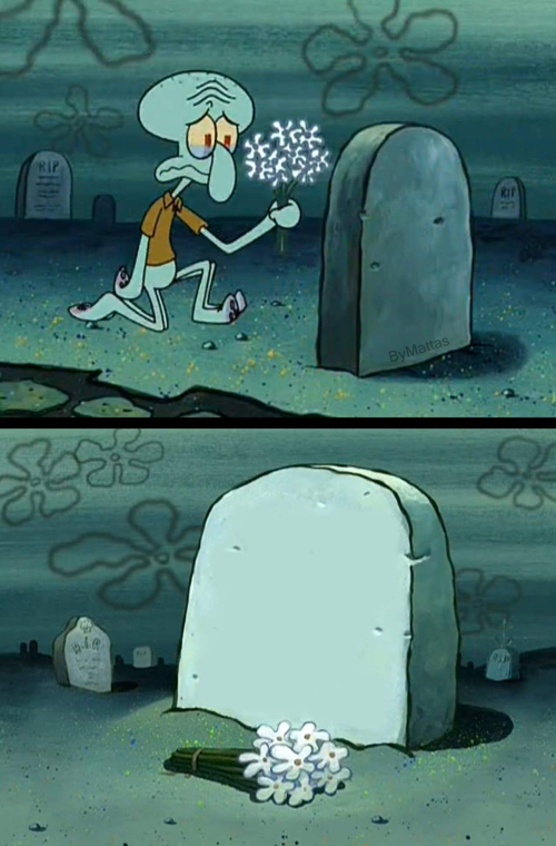 Calamardo poniendo flores sobre una tumba Calamardo poniendo flores sobre una tumba