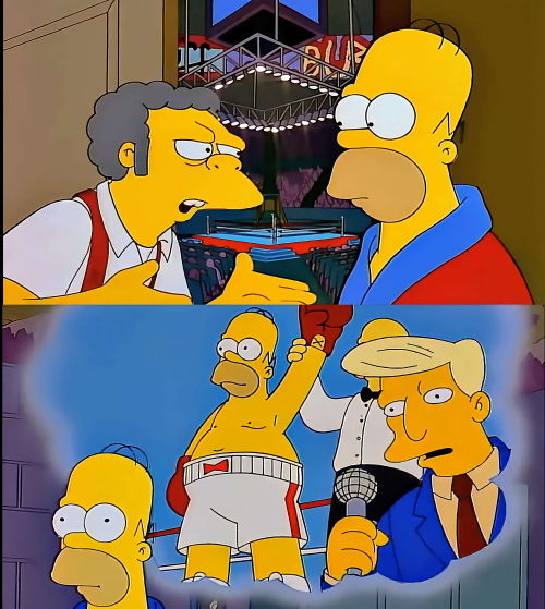 Homer Simpson visualizando ganar un combate de boxeo